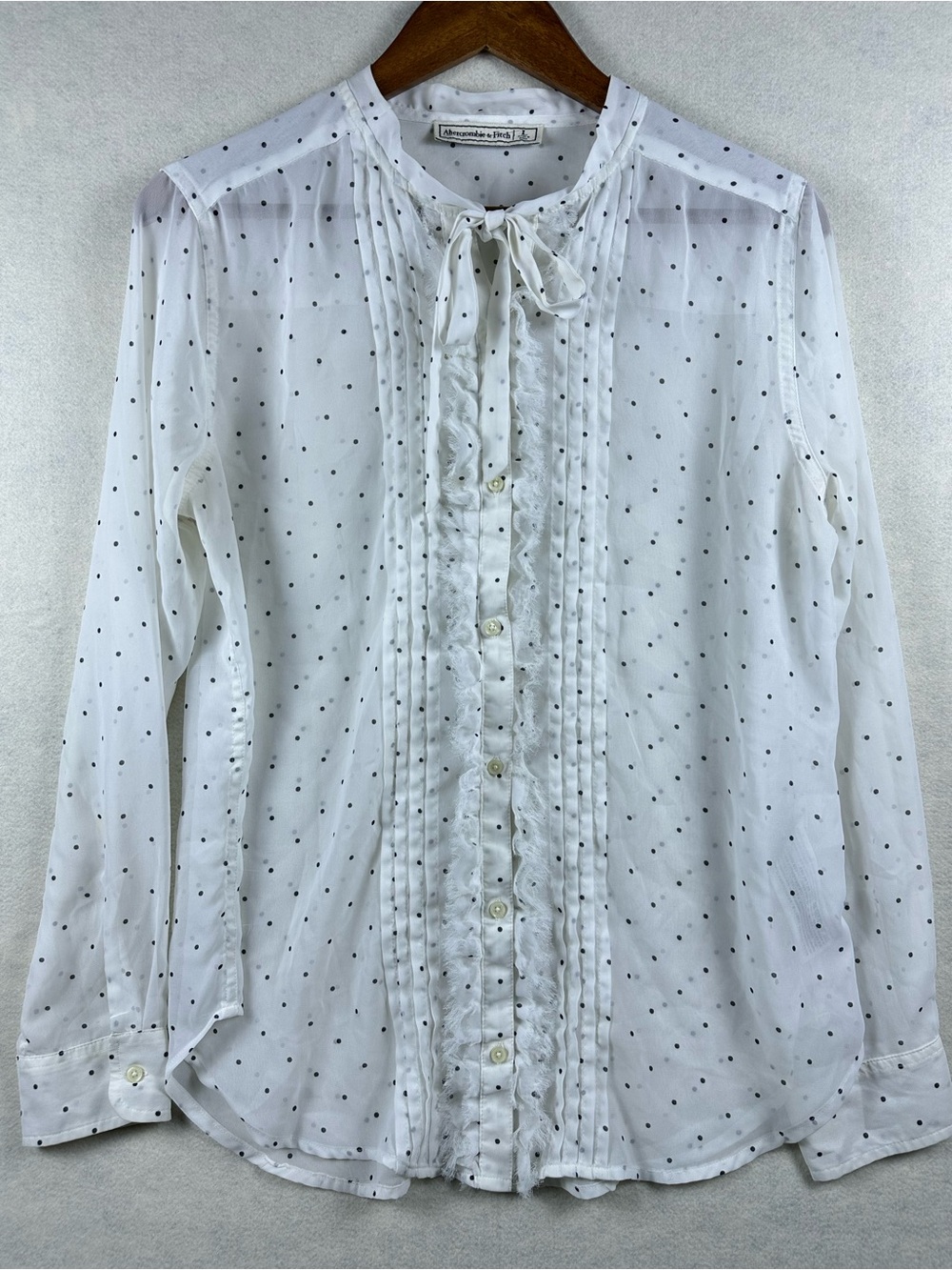 Abercrombie & Fitch White Blouse with Black Polka Dots and Tie Neck